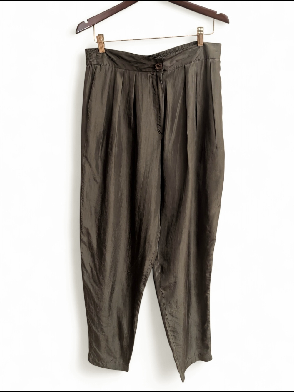 Vintage Casual Corner 100% Silk Pants Womens Size Large Olive Green Tapered Plea